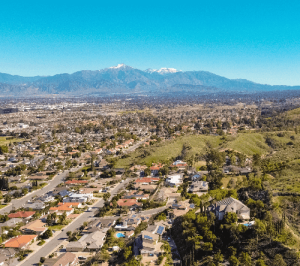 aerial view of mountains and houses in Loma Linda, CA