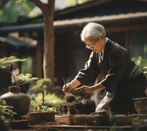 old japanese woman working in garden on Okinawa