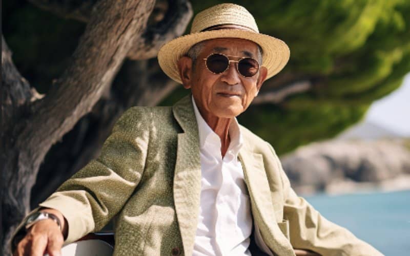 older japanese gentleman sitting by the sea in Okinawa, a longevity blue zone area